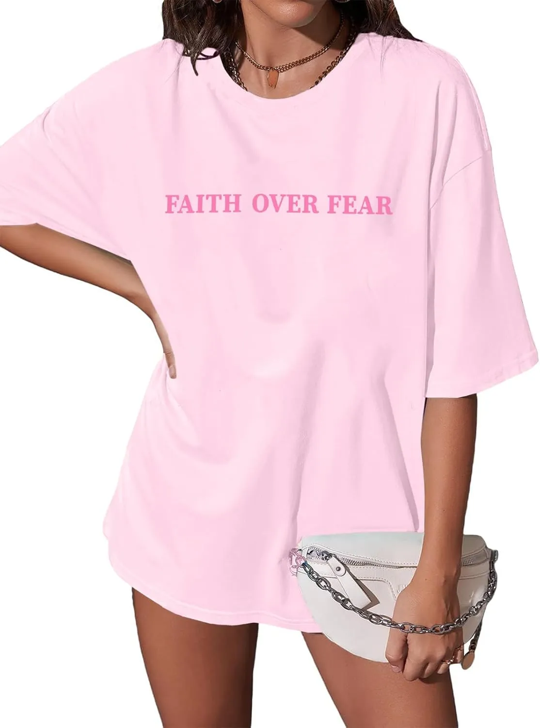 BANGELY Faith Over Fear Shirt Women Graphic Shirts Oversized Workout Gym Christian Religious Tees Drop Shoulder Tee Tops