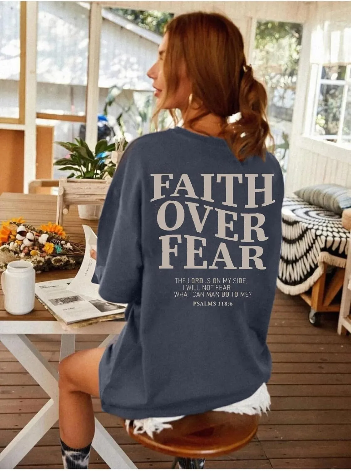 BANGELY Faith Over Fear Shirt Women Graphic Shirts Oversized Workout Gym Christian Religious Tees Drop Shoulder Tee Tops
