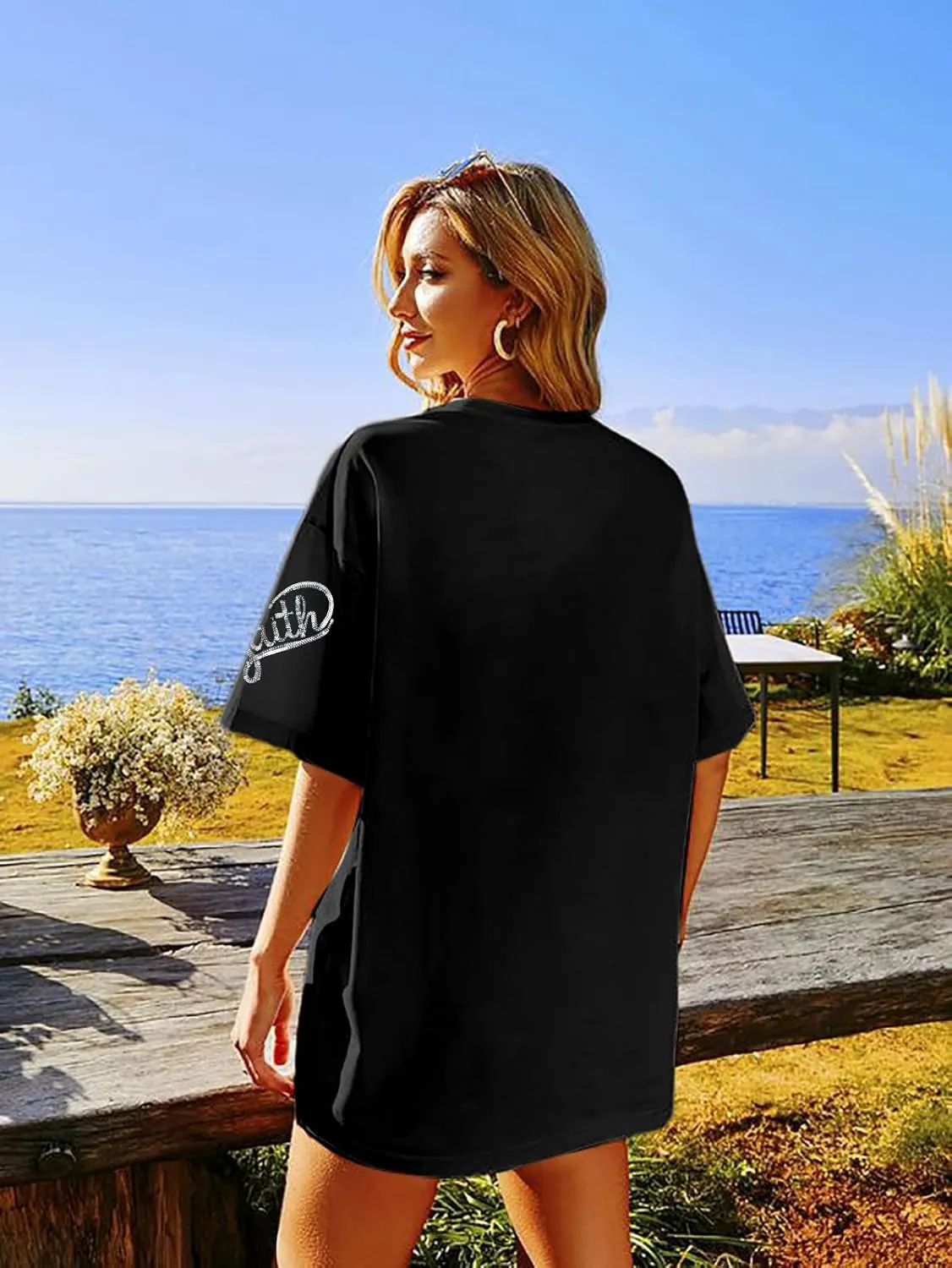 BANGELY Faith Over Fear Shirt Women Graphic Shirts Oversized Workout Gym Christian Religious Tees Drop Shoulder Tee Tops