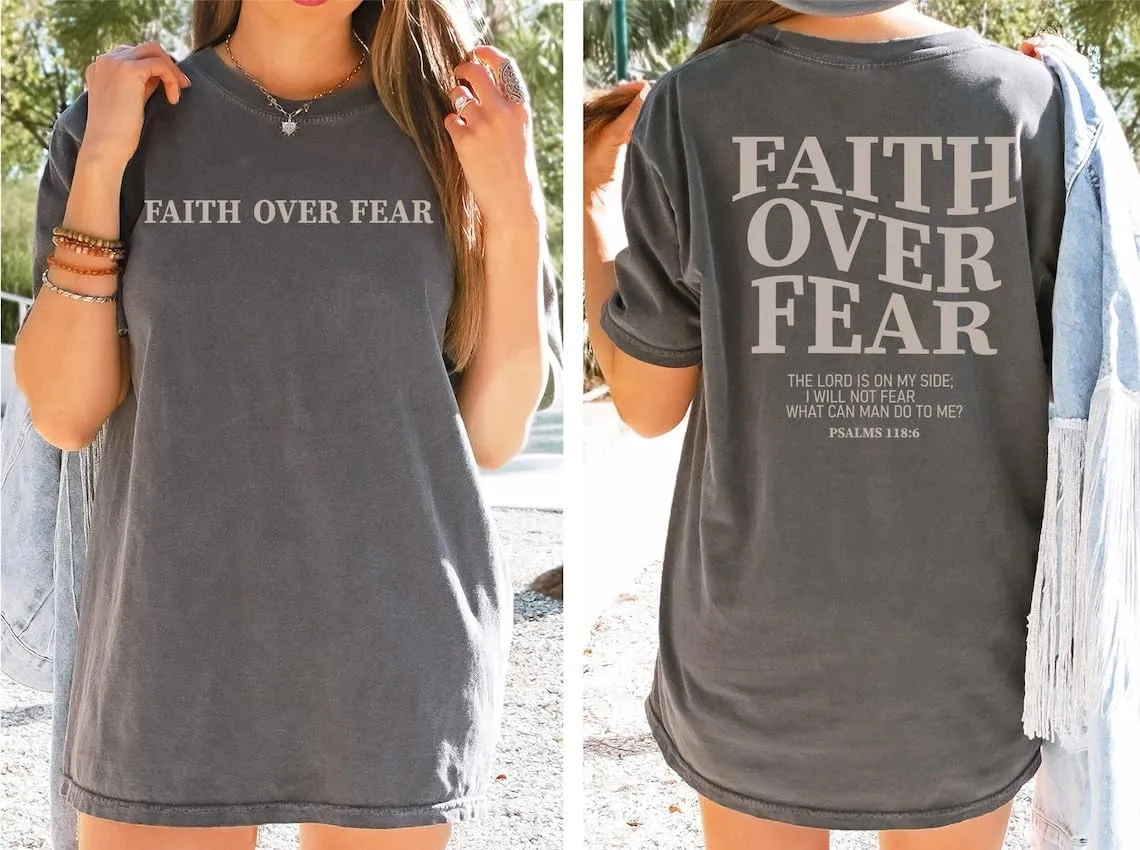 BANGELY Faith Over Fear Shirt Women Graphic Shirts Oversized Workout Gym Christian Religious Tees Drop Shoulder Tee Tops
