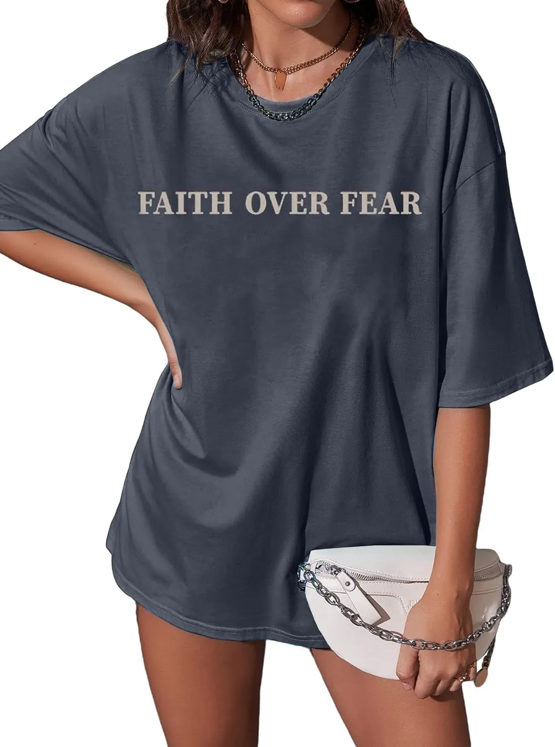 BANGELY Faith Over Fear Shirt Women Graphic Shirts Oversized Workout Gym Christian Religious Tees Drop Shoulder Tee Tops