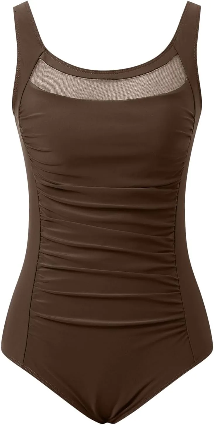 Bathing Suits for Women Mesh Backless Summer Vacation One Piece Tankini Swimsuits Tummy Control Round Neck Swimwear