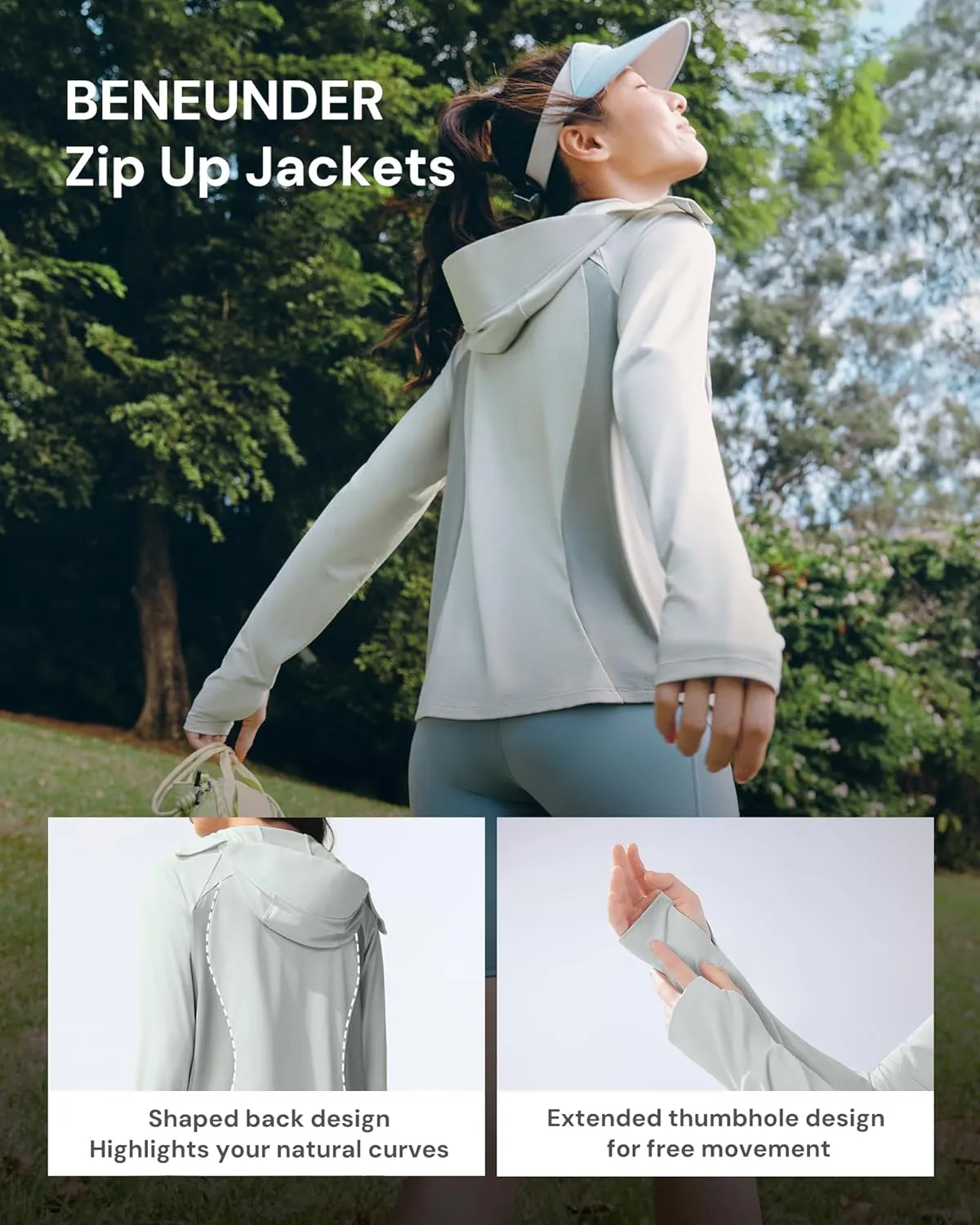 BENEUNDER Women's UPF 50  Sun Protection Lightweight Hoodie Jacket Long Sleeve Active Sun Shirts for Outdoor Hiking Workout