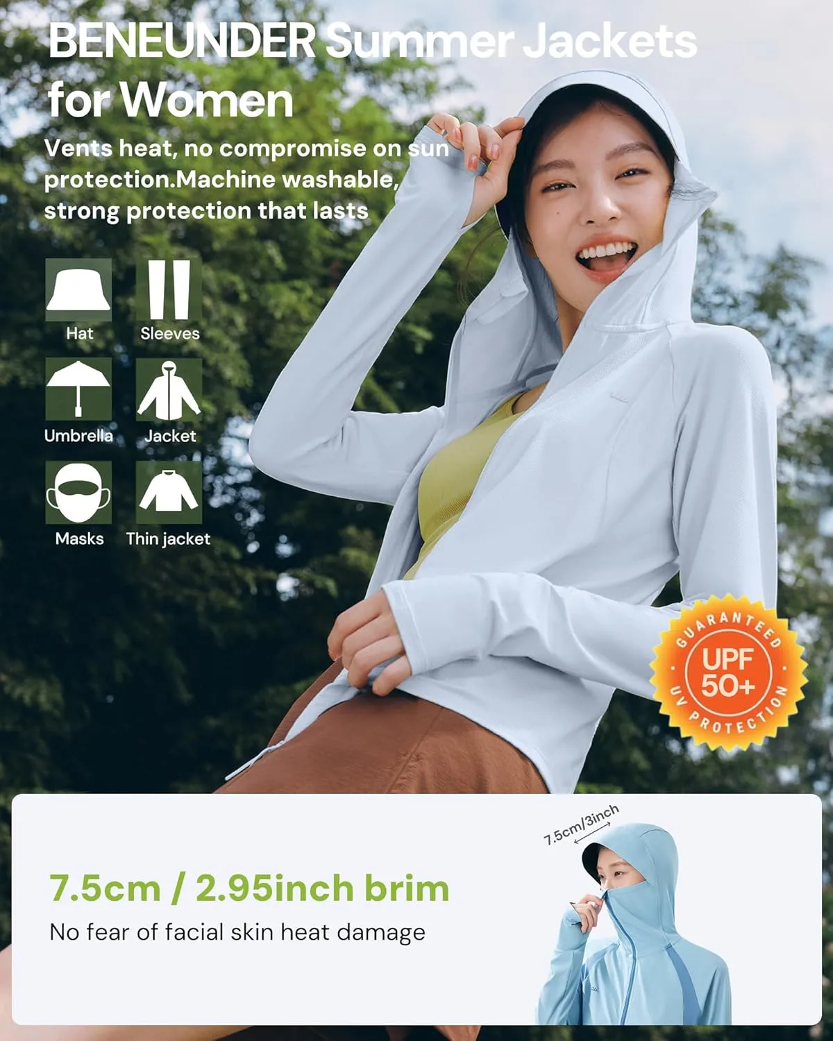 BENEUNDER Women's UPF 50  Sun Protection Lightweight Hoodie Jacket Long Sleeve Active Sun Shirts for Outdoor Hiking Workout
