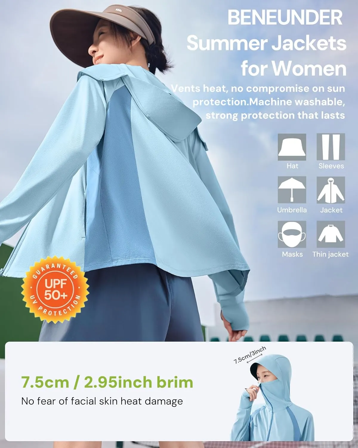 BENEUNDER Women's UPF 50  Sun Protection Lightweight Hoodie Jacket Long Sleeve Active Sun Shirts for Outdoor Hiking Workout