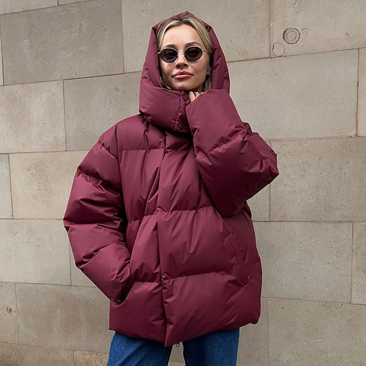 Borniu Women's 2024 Winter Long Sleeve Zip Puffer Jacket Pockets Baggy Short Down Coats Warm Hooded Puffer Coat Outerwear