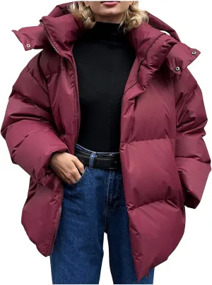 Borniu Women's 2024 Winter Long Sleeve Zip Puffer Jacket Pockets Baggy Short Down Coats Warm Hooded Puffer Coat Outerwear