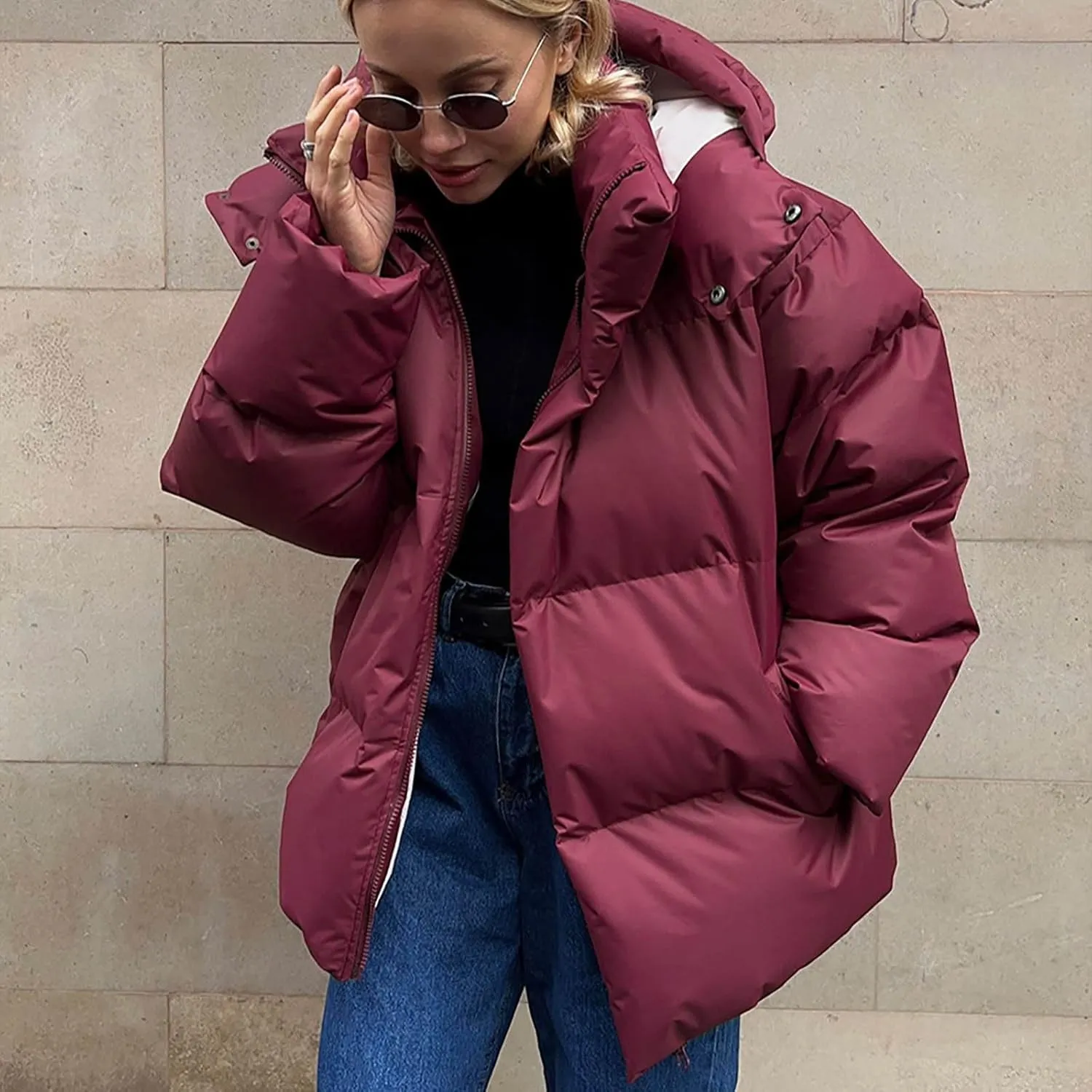 Borniu Women's 2024 Winter Long Sleeve Zip Puffer Jacket Pockets Baggy Short Down Coats Warm Hooded Puffer Coat Outerwear