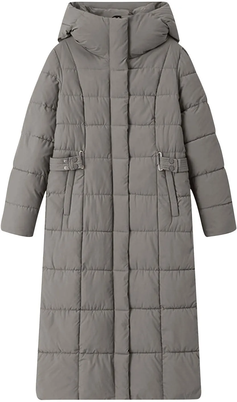 Borniu Women's Long Winter Puffer Coat Warm Maxi Down Jacket Hooded Zip Up Casual Thickened Puffer Jackets Overcoat