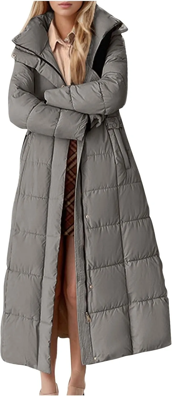 Borniu Women's Long Winter Puffer Coat Warm Maxi Down Jacket Hooded Zip Up Casual Thickened Puffer Jackets Overcoat