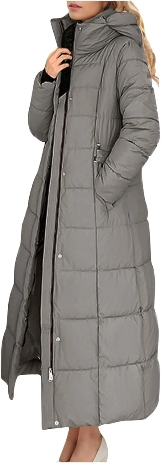 Borniu Women's Long Winter Puffer Coat Warm Maxi Down Jacket Hooded Zip Up Casual Thickened Puffer Jackets Overcoat