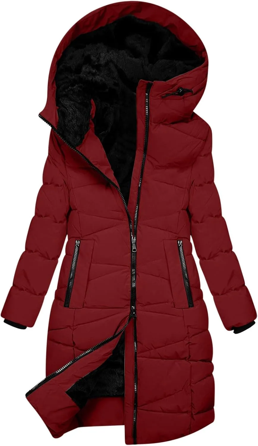 Borniu Women's Winter Coat Hooded Warm Puffer Quilted Thicken Parka Jacket Fleece Lined Down Jacket Outerwear with Pockets