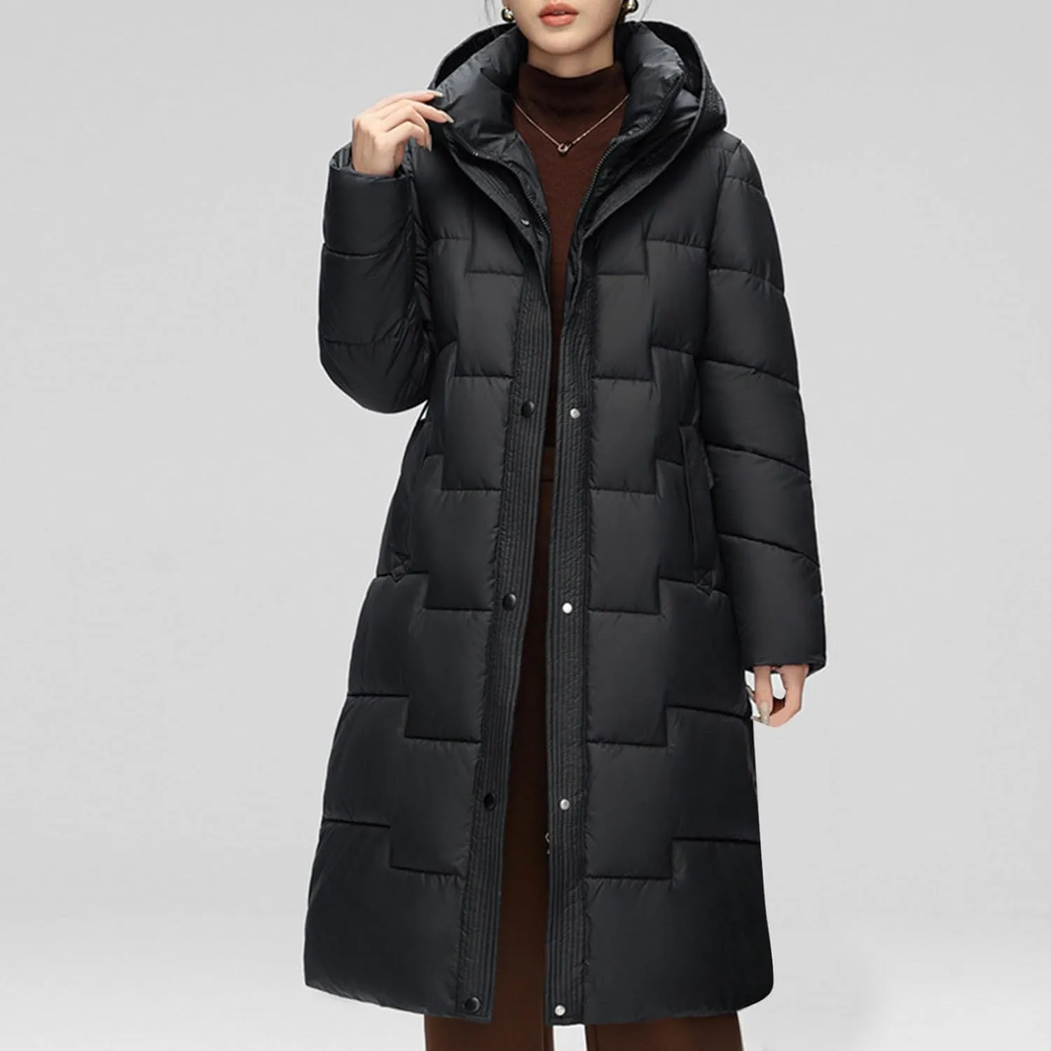 Borniu Women's Winter Down Jacket Long Quilted Puffer Coat Warm Hooded Slim Fit Outerwear Trendy Warm Puffer Jacket