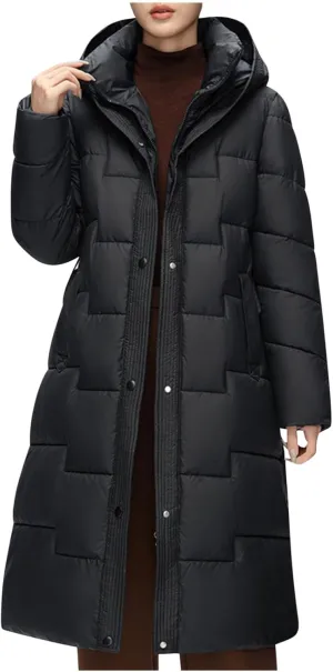 Borniu Women's Winter Down Jacket Long Quilted Puffer Coat Warm Hooded Slim Fit Outerwear Trendy Warm Puffer Jacket