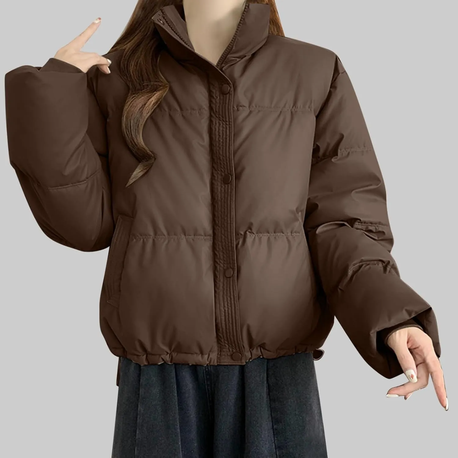 Borniu Womens Winter Quilted Jackets Long Sleeve Full Zip Puffer Jacket Stand Collar Baggy Short Down Coats with Pockets