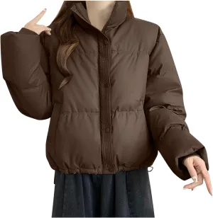 Borniu Womens Winter Quilted Jackets Long Sleeve Full Zip Puffer Jacket Stand Collar Baggy Short Down Coats with Pockets
