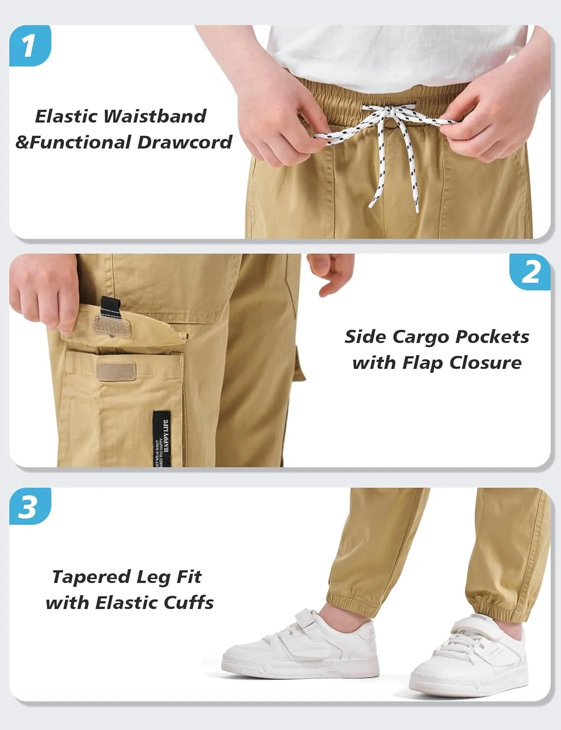 Boys Cargo Jogger Pants Kids Elastic Waist Hiking Pants Lightweight Outdoor Pants