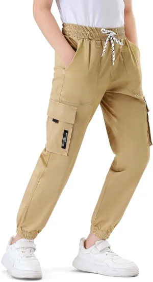 Boys Cargo Jogger Pants Kids Elastic Waist Hiking Pants Lightweight Outdoor Pants