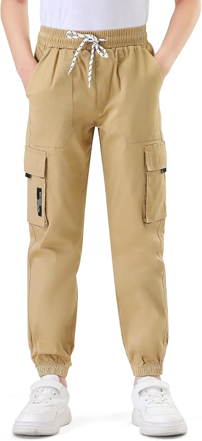 Boys Cargo Jogger Pants Kids Elastic Waist Hiking Pants Lightweight Outdoor Pants
