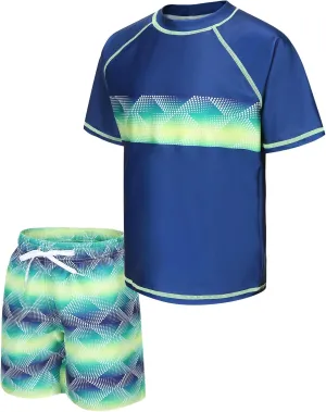 Boys Rash Guard Set for Kids Boys 2 Piece Short Sleeve Swim Shirts with Trunks Quick Dry Bathing Suits Swim Set