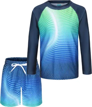 Boys Two Piece Rash Guard Swimsuits Set with Swim Trunk Kids Long Sleeve Bathing Suit Swimwear Set