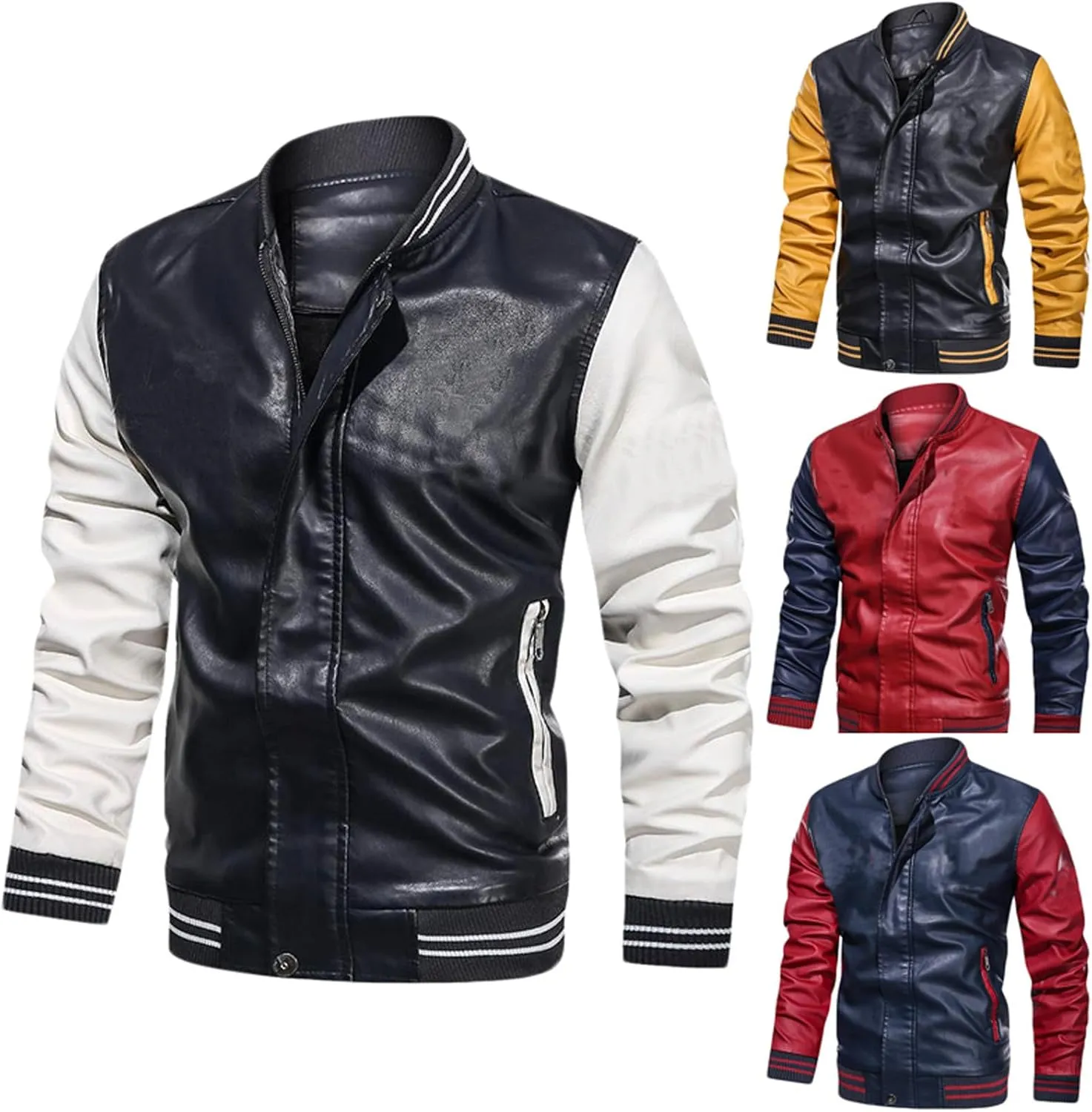 Cambkatl Men's Colorblock Faux Leather Motorcycle Jacket PU Varsity Outerwear Fall Winter Windbreakers Sports Coat