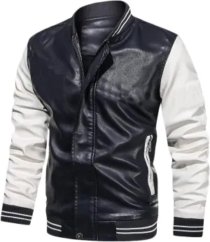 Cambkatl Men's Colorblock Faux Leather Motorcycle Jacket PU Varsity Outerwear Fall Winter Windbreakers Sports Coat