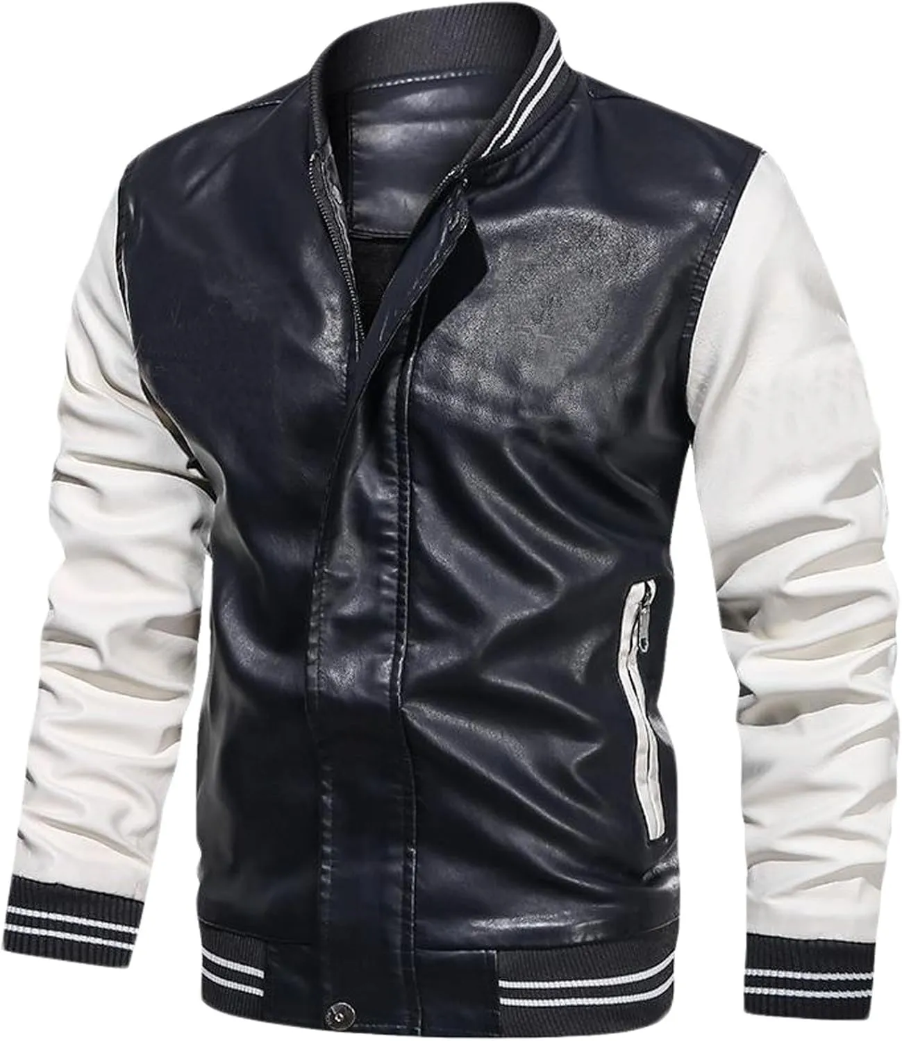 Cambkatl Men's Colorblock Faux Leather Motorcycle Jacket PU Varsity Outerwear Fall Winter Windbreakers Sports Coat