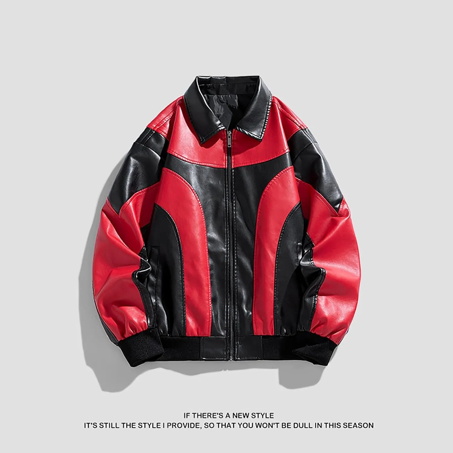 Cambkatl Men's Zip Up Faux Leather Motorcycle Jacket PU Varsity Outerwear Fall Winter Colorblock Windbreakers Sports Coat