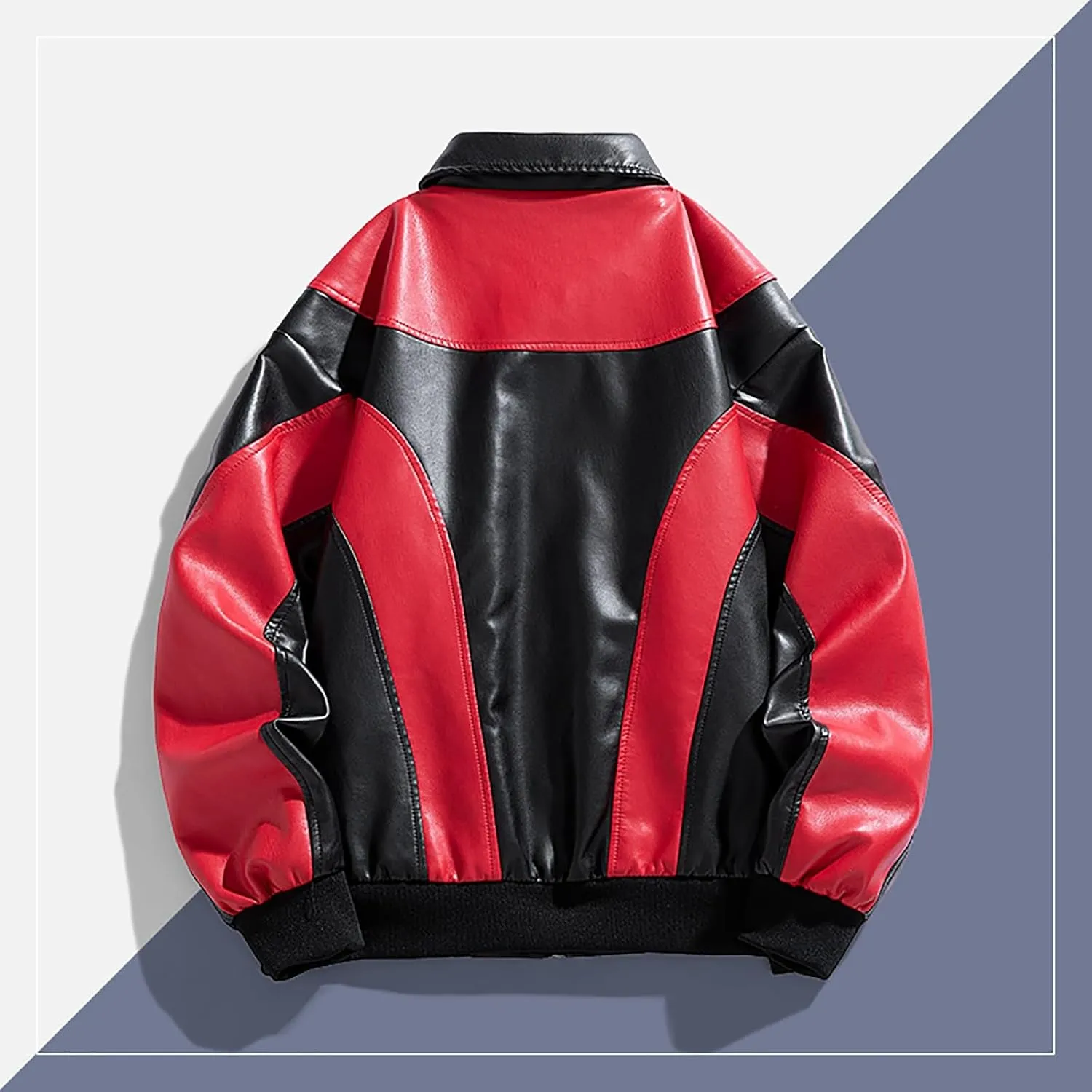 Cambkatl Men's Zip Up Faux Leather Motorcycle Jacket PU Varsity Outerwear Fall Winter Colorblock Windbreakers Sports Coat