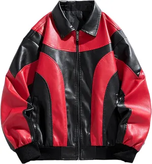 Cambkatl Men's Zip Up Faux Leather Motorcycle Jacket PU Varsity Outerwear Fall Winter Colorblock Windbreakers Sports Coat