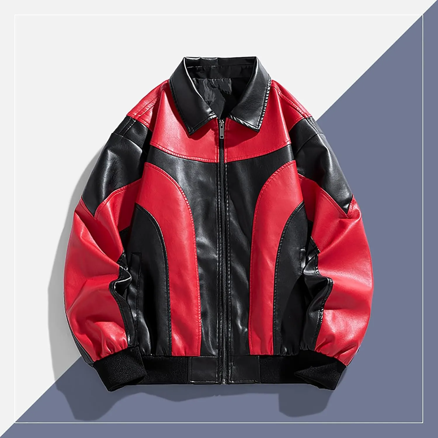 Cambkatl Men's Zip Up Faux Leather Motorcycle Jacket PU Varsity Outerwear Fall Winter Colorblock Windbreakers Sports Coat