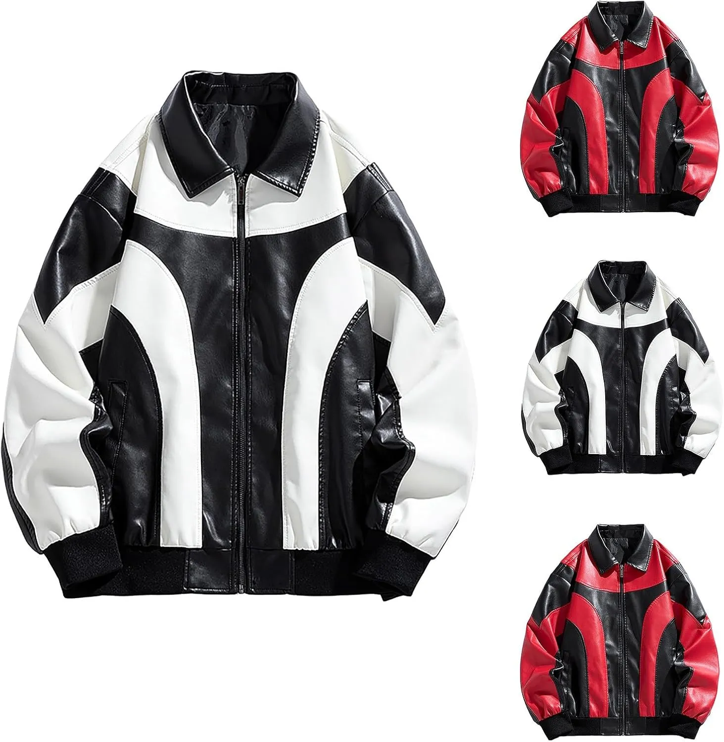 Cambkatl Men's Zip Up Faux Leather Motorcycle Jacket PU Varsity Outerwear Fall Winter Colorblock Windbreakers Sports Coat