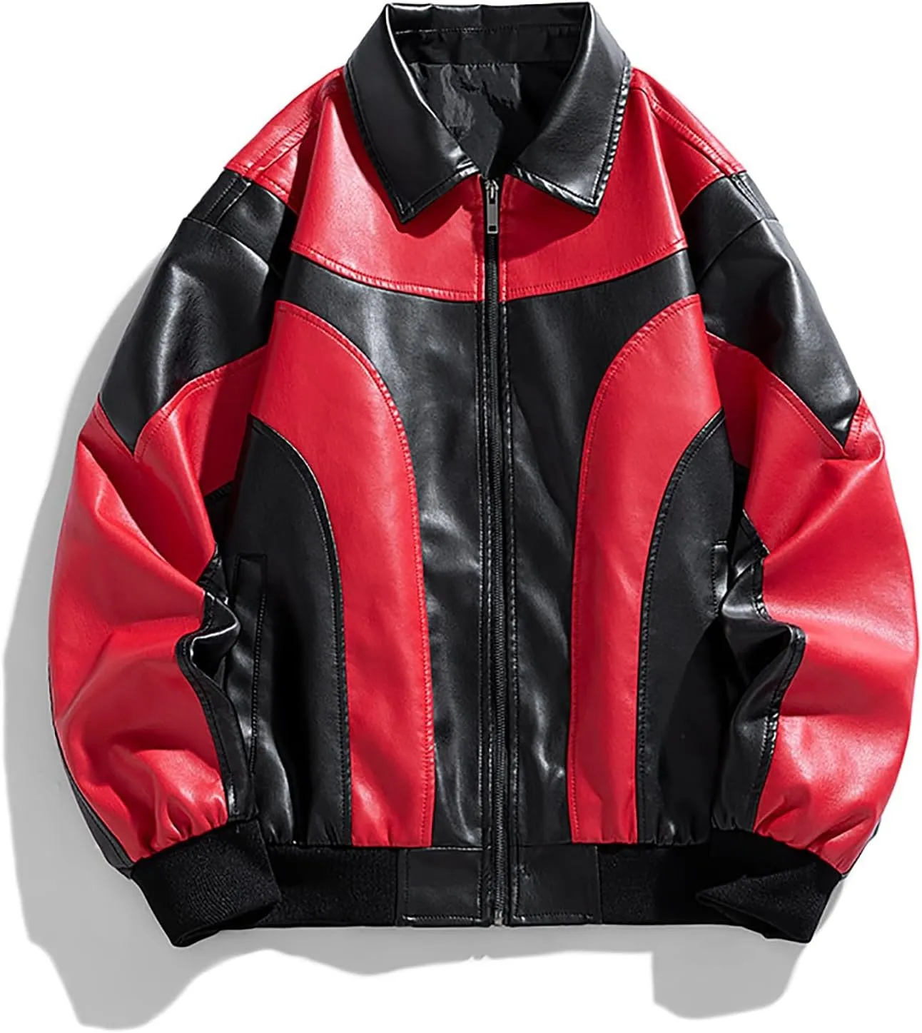 Cambkatl Men's Zip Up Faux Leather Motorcycle Jacket PU Varsity Outerwear Fall Winter Colorblock Windbreakers Sports Coat