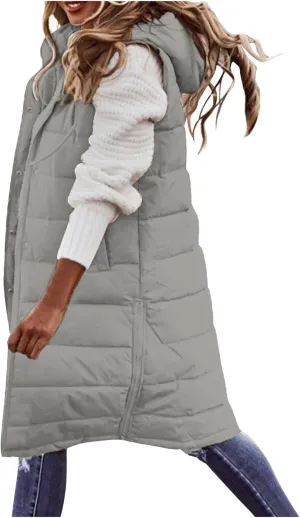 Canbebig Women's Long Quilted Puffer Vest Hooded Sleeveless Zip Up Puffy Jacket Winter Warm Thicken Down Coat Windbreakers