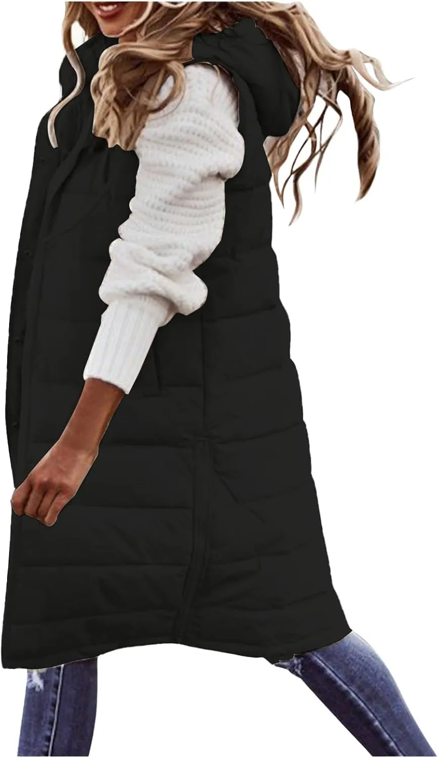 Canbebig Women's Long Quilted Puffer Vest Hooded Sleeveless Zip Up Puffy Jacket Winter Warm Thicken Down Coat Windbreakers