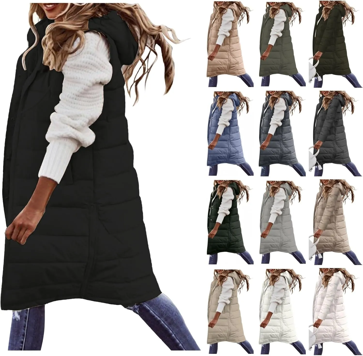Canbebig Women's Long Quilted Puffer Vest Hooded Sleeveless Zip Up Puffy Jacket Winter Warm Thicken Down Coat Windbreakers