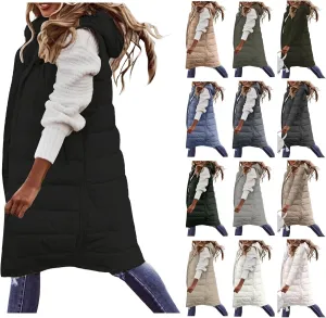 Canbebig Women's Long Quilted Puffer Vest Hooded Sleeveless Zip Up Puffy Jacket Winter Warm Thicken Down Coat Windbreakers