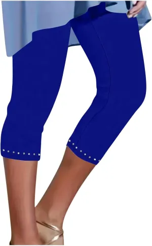 Capri Leggings for Women Plus Size High Waisted Capris Rhinestone Hem Yoga Cropped Trousers 2025 Summer Gym Pants