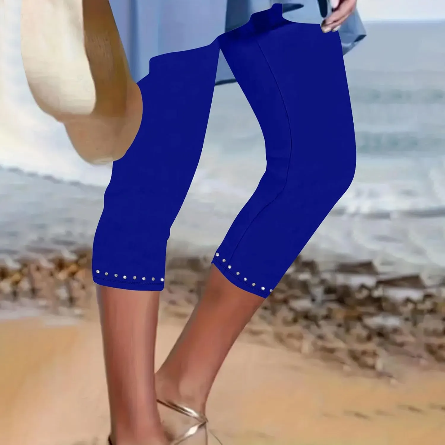 Capri Leggings for Women Plus Size High Waisted Capris Rhinestone Hem Yoga Cropped Trousers 2025 Summer Gym Pants