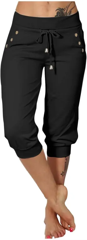 Capri Pants for Women Stretch High Waisted Yoga Pants Casual Summer Drawstring Capris Cropped Trousers with Pockets