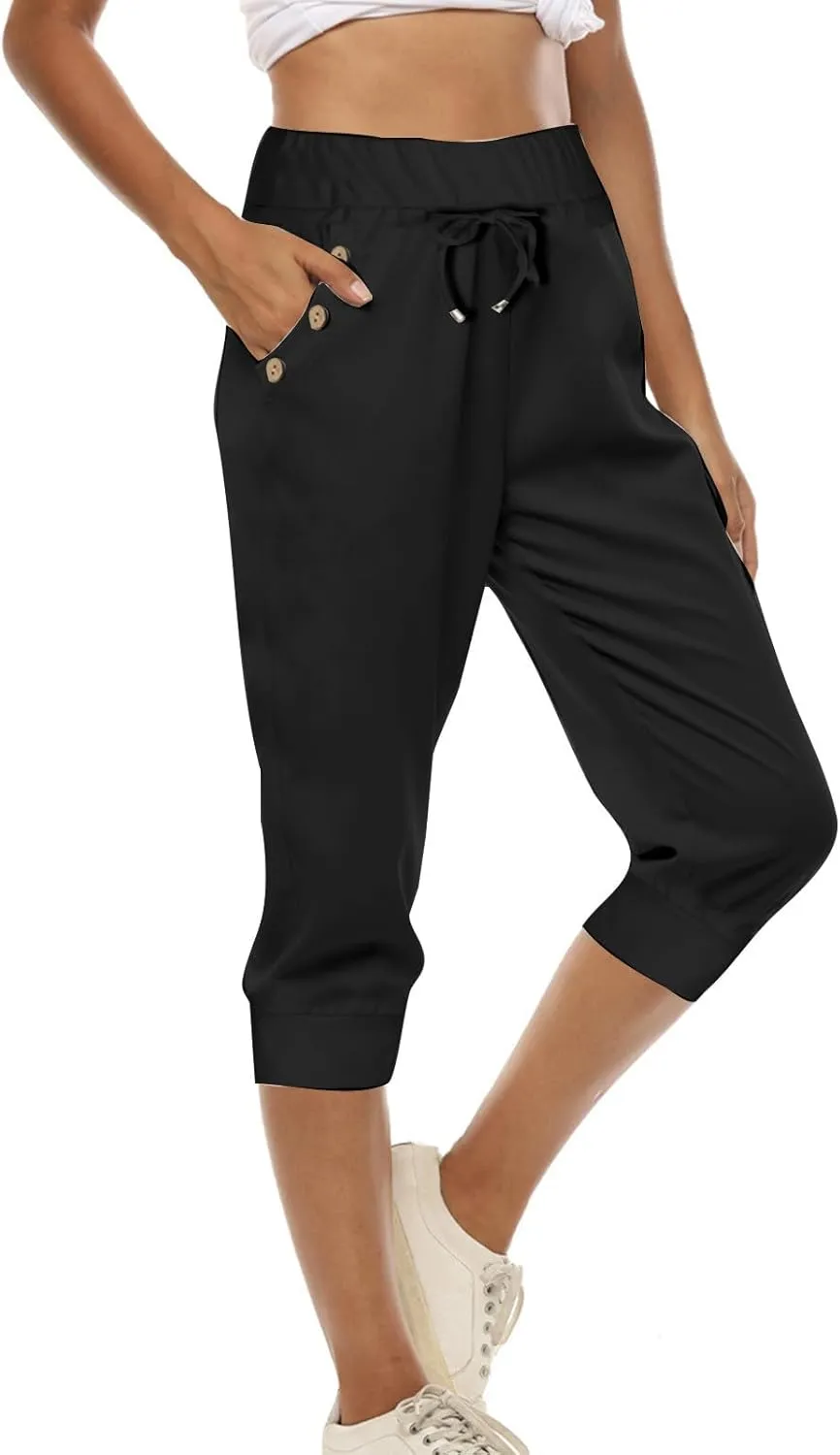 Capri Pants for Women Stretch High Waisted Yoga Pants Casual Summer Drawstring Capris Cropped Trousers with Pockets