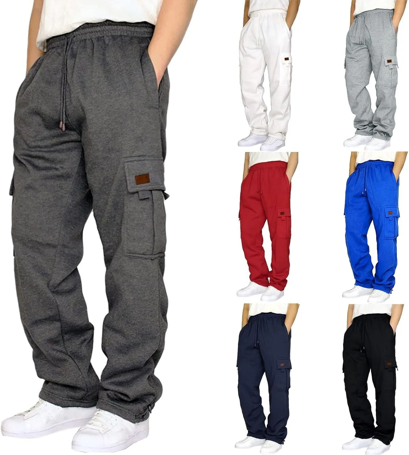 Cargo Pants for Men Solid Color Drawstring Baggy Sweatpants Mens Casual Loose Fit Gym Work Joggers with Pockets