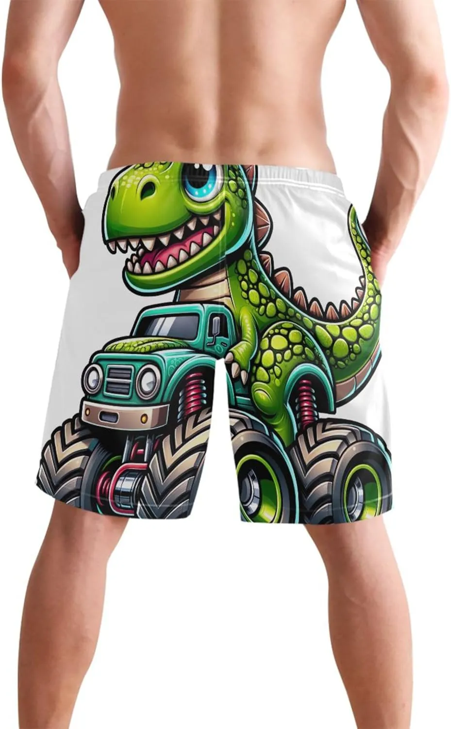 Cartoon Dinosaur Monster Truck Mens Swim Trunks Funny Quick Dry Elastic Shorts Surf Board Swimming Shorts S