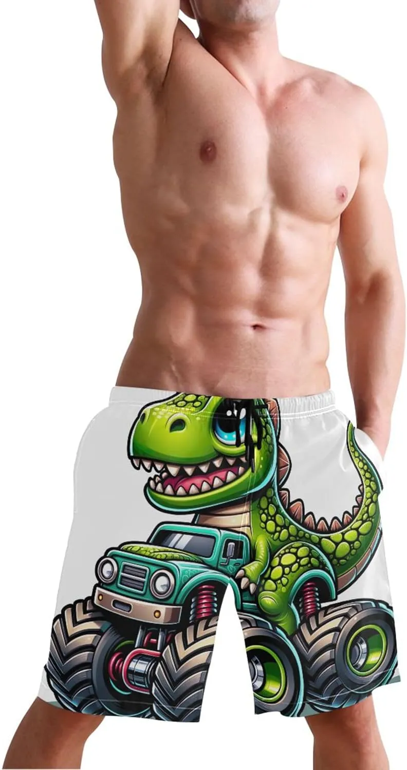 Cartoon Dinosaur Monster Truck Mens Swim Trunks Funny Quick Dry Elastic Shorts Surf Board Swimming Shorts S