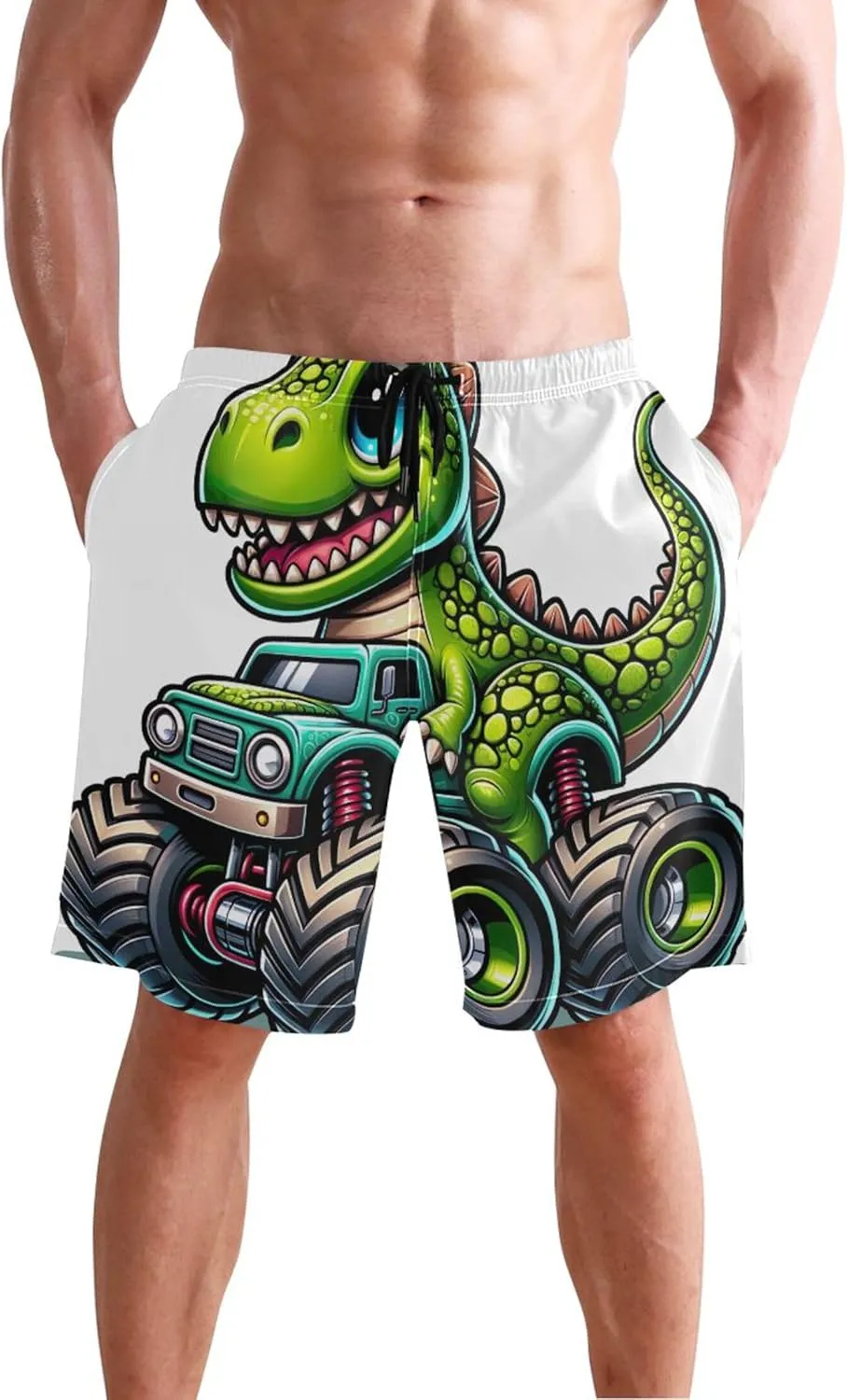 Cartoon Dinosaur Monster Truck Mens Swim Trunks Funny Quick Dry Elastic Shorts Surf Board Swimming Shorts S