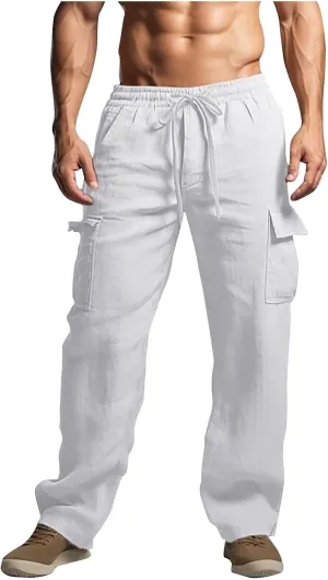 Casual Cargo Pants for Men Elastic Waist Drawstring Workout Gym Pants with Pockets Loose Fit Comfy Sweatpants