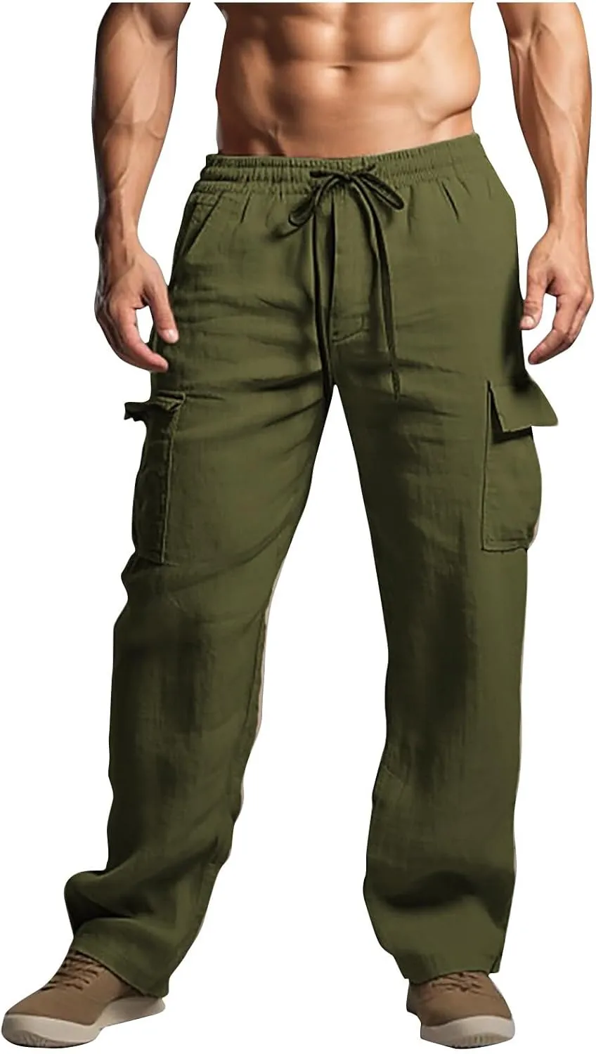 Casual Cargo Pants for Men Elastic Waist Drawstring Workout Gym Pants with Pockets Loose Fit Comfy Sweatpants
