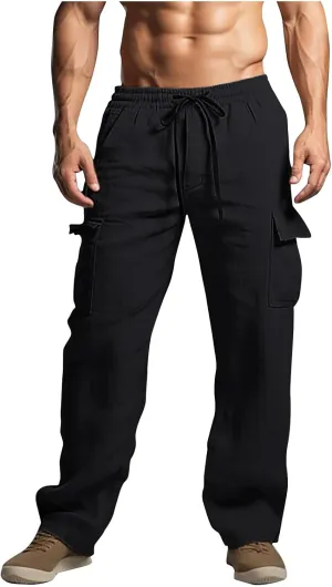 Casual Cargo Pants for Men Elastic Waist Drawstring Workout Gym Pants with Pockets Loose Fit Comfy Sweatpants