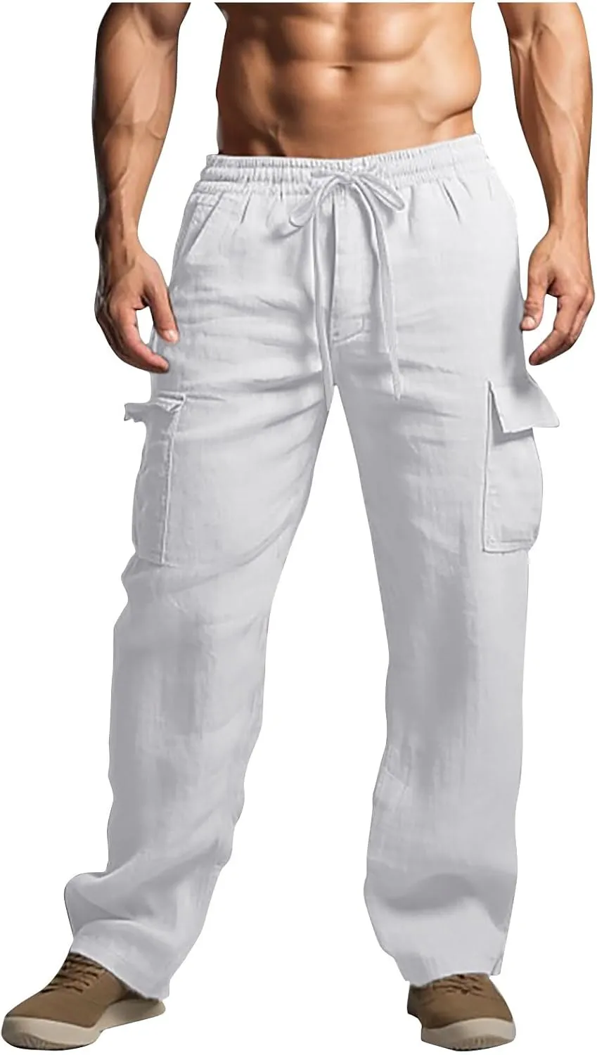 Casual Cargo Pants for Men Elastic Waist Drawstring Workout Gym Pants with Pockets Loose Fit Comfy Sweatpants